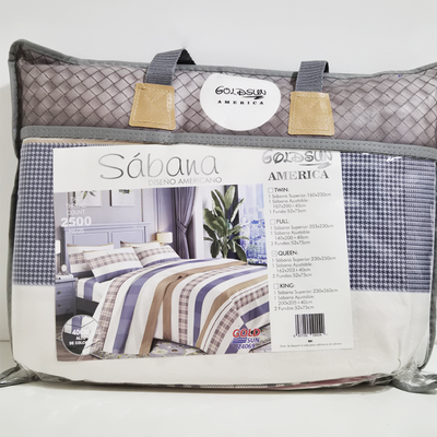 Juego de Sabanas QUEEN Rayas Azul Marron y Blanca