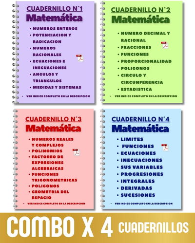 COMBO X 4 CUADERNILLOS DE ACTIVIDADES MATEMATICA SECUNDARIA
