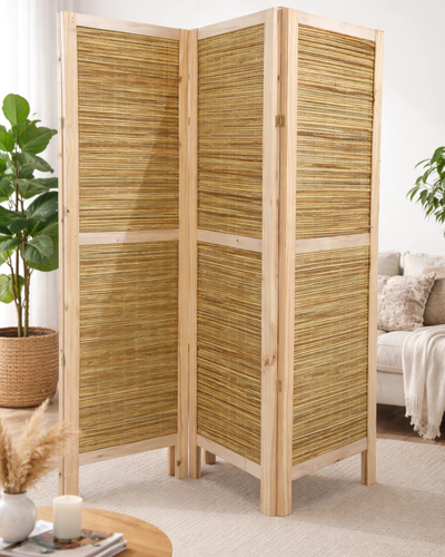 Biombo De Madera y Junco X 3 Hojas natural
