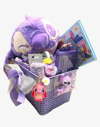 CANASTA CON PELUCHE STITCH CON MANTA + MAQUILLAJE