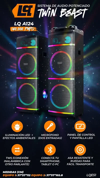 SISTEMA DE AUDIO POTENCIADO LUSQTOFF TWIN BEAST LQ A124 140.000 PMPO