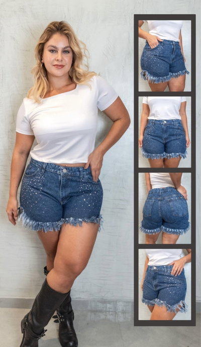 Shorts pollera con brillos y tachas. T. 54 y 56.