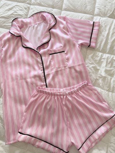 Camiseros cortos de saten estampados LINEA PREMIUM ROSA RAYADO