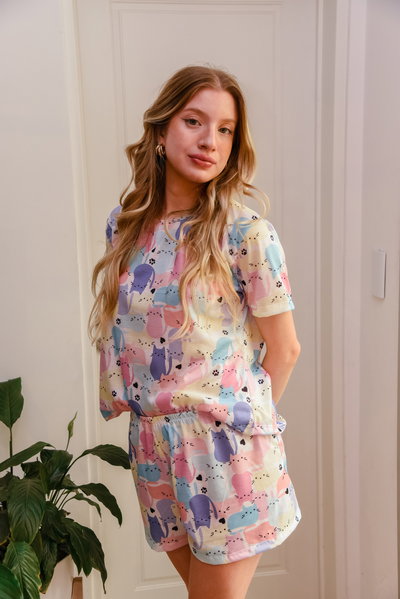 Pijamas cortos animados full print Gatito