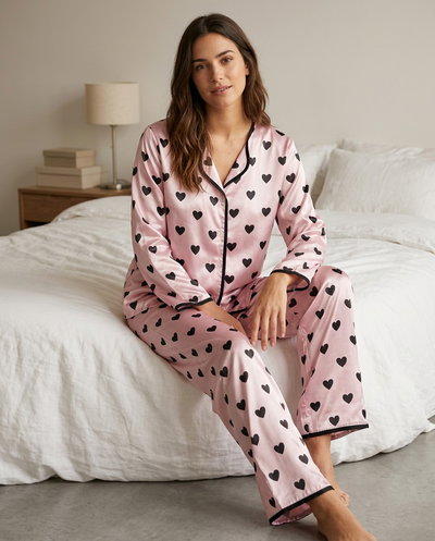 CAMISERO LARGO SATEN IMPORTADO ROSA CORAZONES