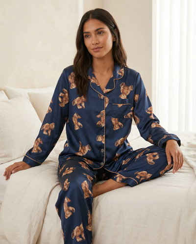 CAMISERO LARGO SATEN IMPORTADO AZUL OSITOS