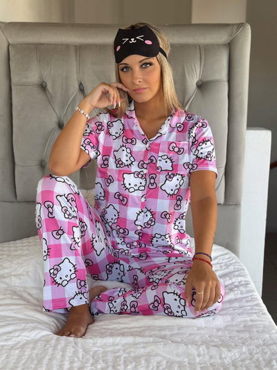 CAMISERO LARGO KITTY CUADRILLE ROSA -MODAL SOFT-