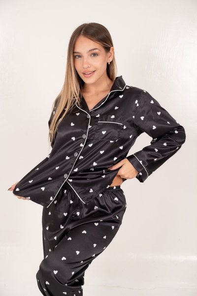 CAMISERO LARGO SATEN IMPORTADO NEGRO CORAZONES