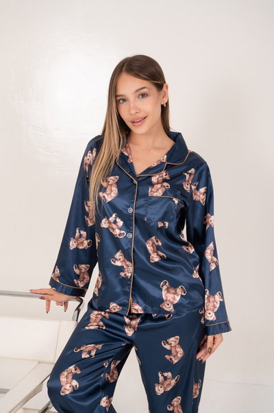 CAMISERO LARGO SATEN IMPORTADO AZUL OSITOS