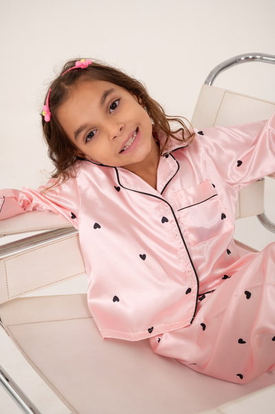 CAMISERO LARGO SATEN IMPORTADO ROSA CORAZONES - KIDS -