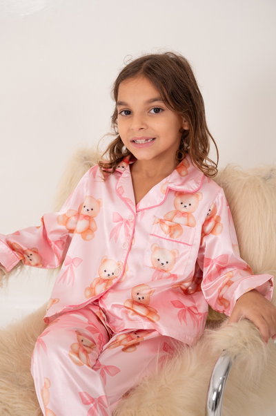 CAMISERO LARGO SATEN IMPORTADO ROSA OSITO - KIDS -