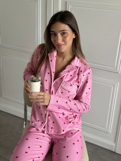 PREVENTA CONJUNTO CAMISERO PLUSH - ROSA CORAZONES - 