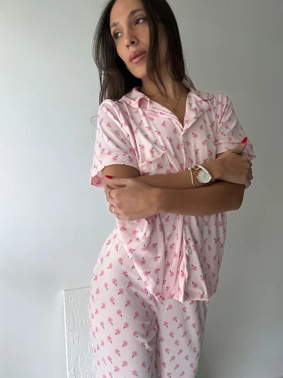 CAMISERO LARGO ROSA FLORES - MANGA CORTA -