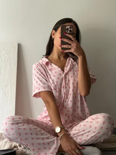 CAMISERO LARGO ROSA FLORES - MANGA CORTA -