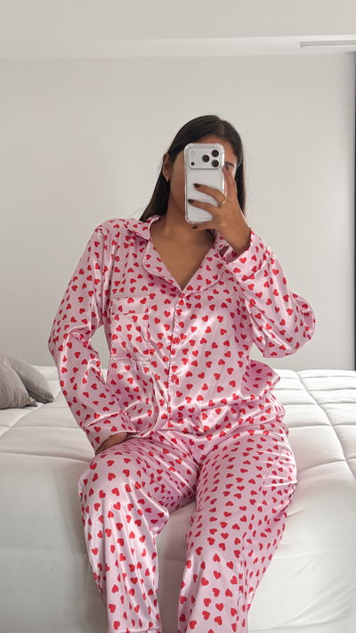 CAMISERO LARGO CORAZONES - SATEN