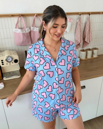 CAMISERO CORTO MODAL - CELESTE CORAZONES -