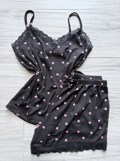 PIJAMA CORTO MORLEY ENCAJE ESTAMPADO - NEGRO CORAZONES -