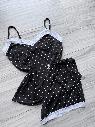 PIJAMA CORTO MORLEY ENCAJE STAMPADO - NEGRO LUNARES -
