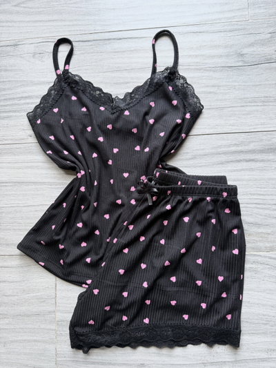 PIJAMA CORTO MORLEY ENCAJE ESTAMPADO - NEGRO CORAZONES -
