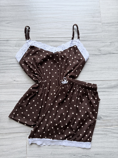 PIJAMA CORTO MORLEY ENCAJE STAMPADO - CHOCOLATE LUNARES -