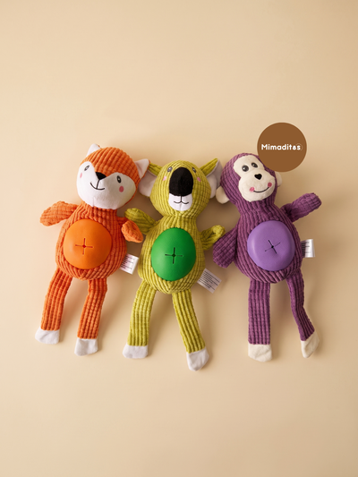 Peluches animales dispensador de alimento y chifle 35x10cm