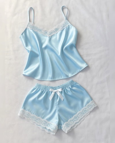 Celeste Liso- 2 piezas Babydoll con encaje 