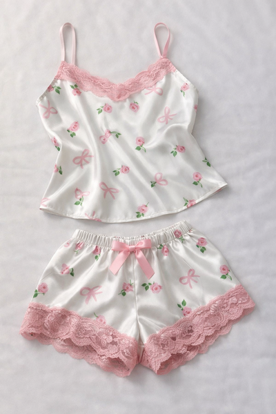 Floreado Blanco - 2 piezas Babydoll con encaje 