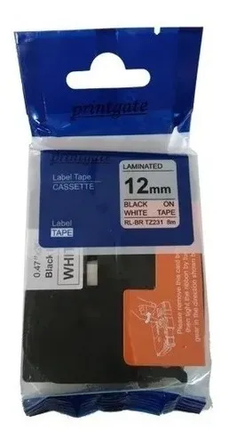 Cinta laminada p/Rotuladora BROTHER 12mm - Negro sobre blanco