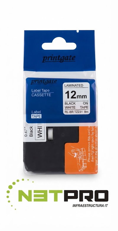 Cinta laminada p/Rotuladora BROTHER 12mm - Negro sobre blanco