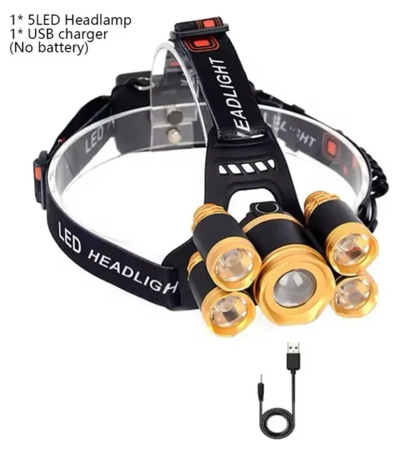 Linterna Vincha Minera 5 Led Luz Cabeza Recargable Potente Negro Negro