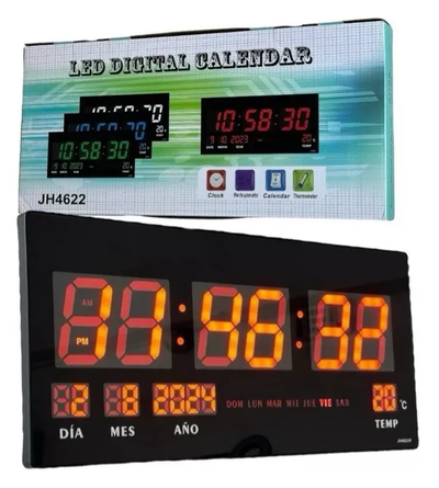 Reloj Led Digital Calendario De Pared Grande 46 X 22 Cm New Estructura Negro Fondo Negro
