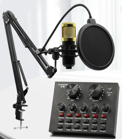 Kit Set Microfono Condensador Stream Dorado Consola Y Brazo