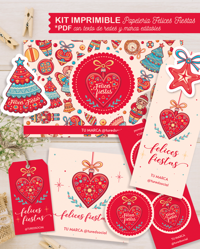 Imprimible Papelería Felices Fiestas 25 con Textos de Marca y Red Editables