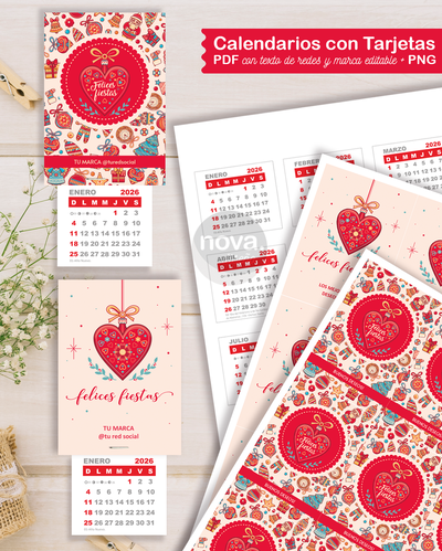 Kit imprimible Tarjeta y Calendario FELICES FIESTAS ROJAS 26