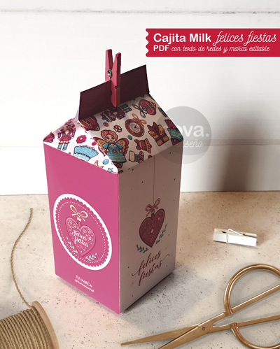 Imprimible Cajita Milk Felices Fiestas 25 - Textos de datos Editables