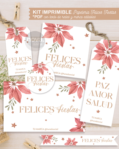 Imprimible Papelería Felices Fiestas 25 FLOR con Textos de Marca y Red Editables
