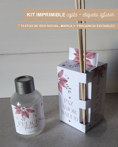 Imprimible Caja Difusor + Etiquetas FF25 FLOR Textos de Marca, Red y Fragancia Editables