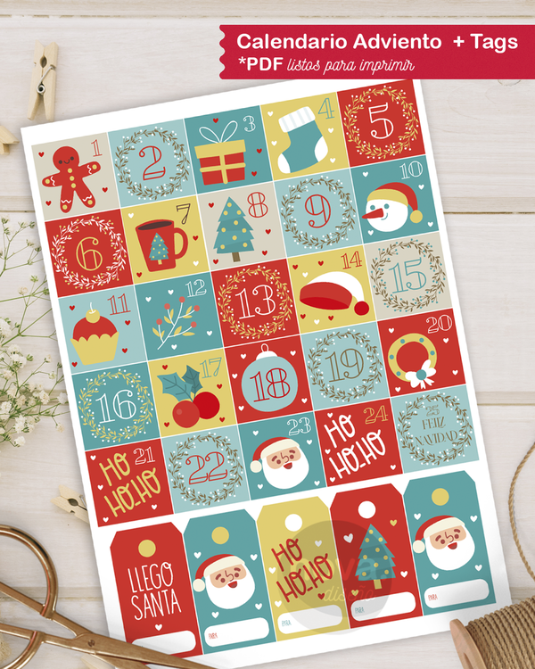 Kit Imprimible Calendario Adviento + Tags
