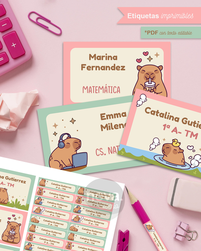 Kit Imprimible Etiquetas Capibara Rosa