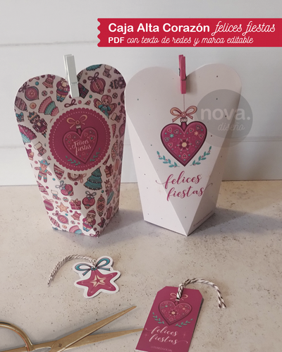 Imprimible Cajita Alta Corazón Felices Fiestas 25 - Textos de datos Editables