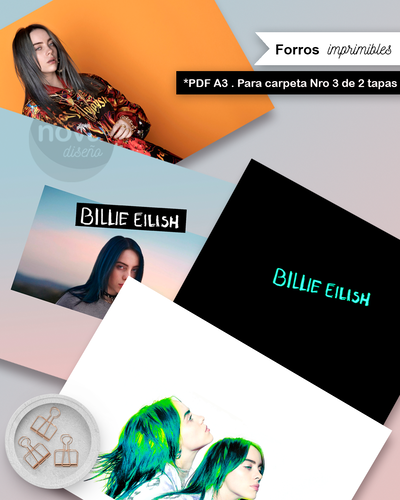 Kit Imprimible Forros Billie Eilish Carpeta Nro 3 de 2 Tapas