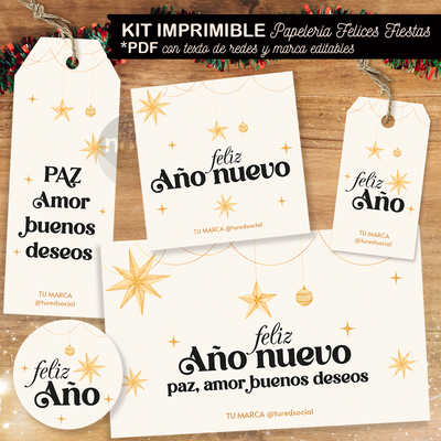 Imprimible Papelería Feliz Año con Textos de Marca y Red Editables