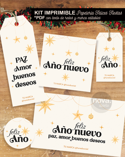 Imprimible Papelería Feliz Año con Textos de Marca y Red Editables