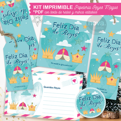 Imprimible Papelería Reyes 26 con Textos de Marca y Red Editables