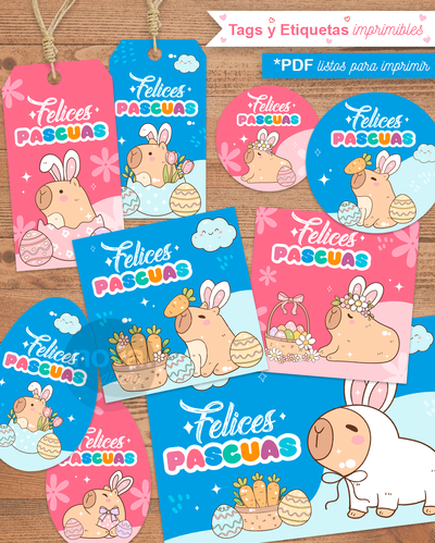 Kit Imprimible Papelería Capibaras Pascuas