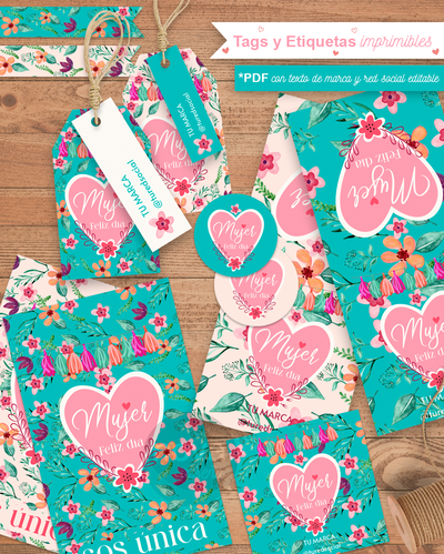 Kit Imprimible Etiquetas y Tarjetas 8M Día de la mujer Flores