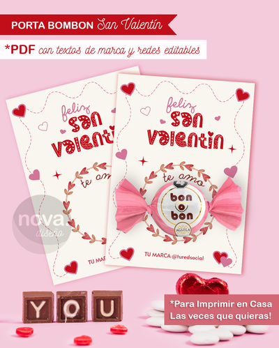 Kit Imprimible Porta Bombón San Valentín. PDF con textos de marca y redes editables