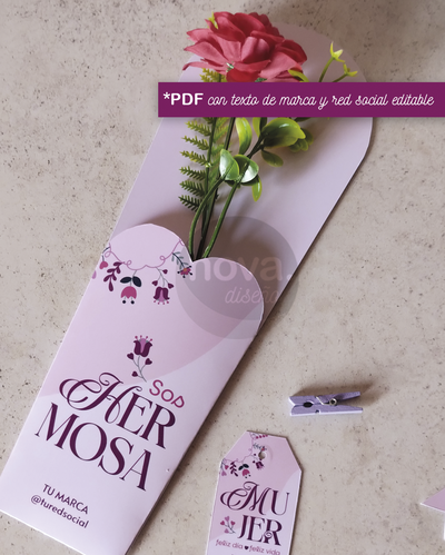 Kit Imprimible Porta Flor Día de la Mujer - Datos Editables