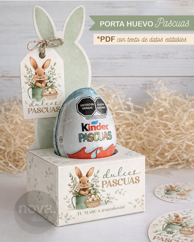 Kit Imprimible porta Huevo Kinder Pascuas 26 - con texto de marca y red social editable