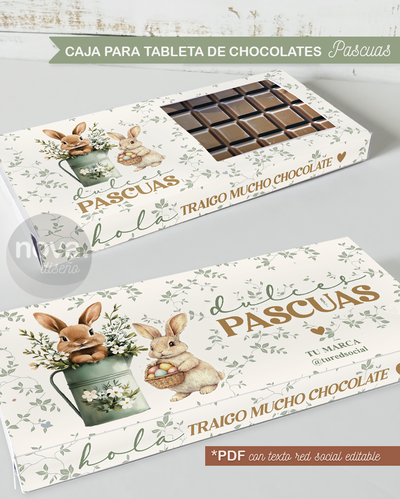 Imprimible Caja tableta de chocolate Pascuas 26 - Texto de marca y red social editable